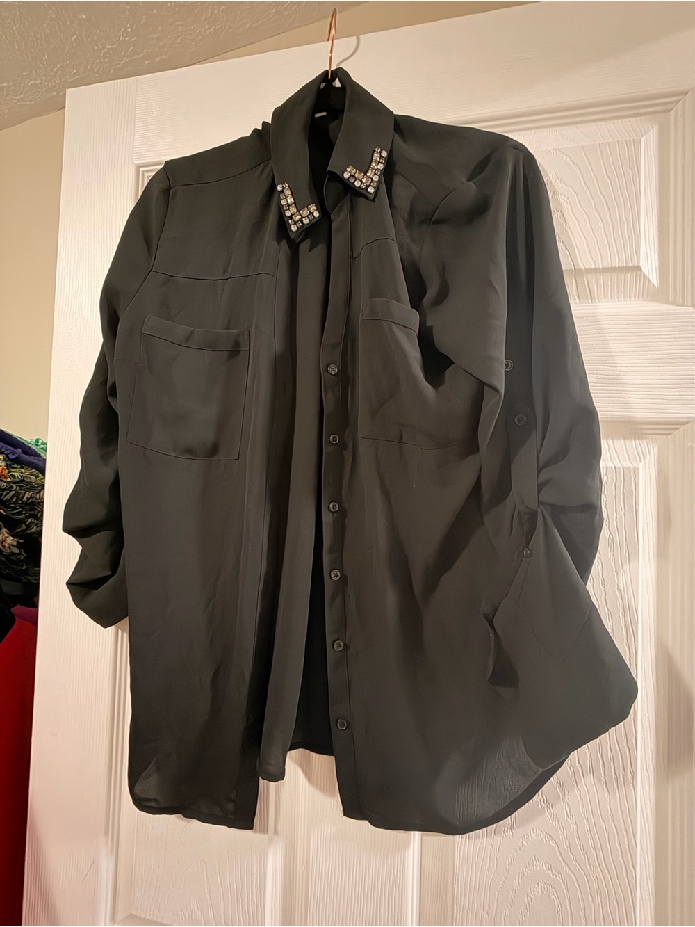 Express Black Jeweled Collar Button-Down Blouse
